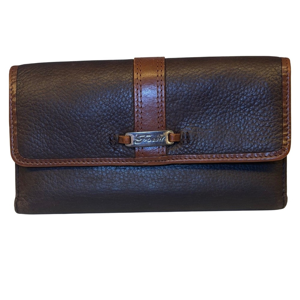 Vintage Fossil Brown Pebbled Leather Tri-Fold Checkbook Wallet with ID Window